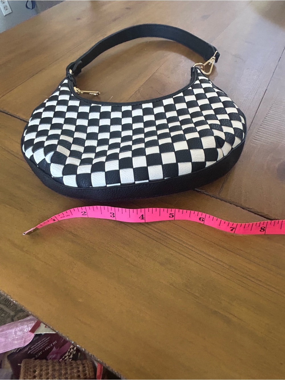 Black and White Checkered Crescent Shoulder Bag - Picture 9 of 9